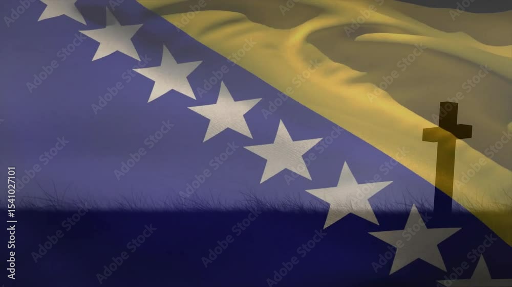 Mild breeze intensifying and moving Bosnia Herzegovina flag across ridge past cross silhouette