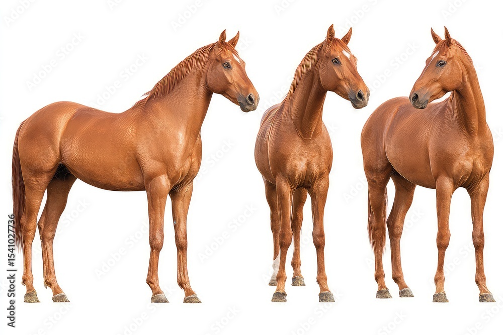 Fototapeta premium Brown horses side by side, realistic front-facing stance with subtle marking variations isolated on white background
