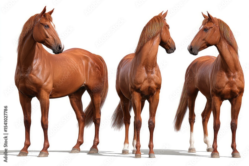 Brown horses side by side, realistic front-facing stance with subtle marking variations isolated on white background Brown horses side by side, realistic front-facing stance with subtle marking variations isolated on white background