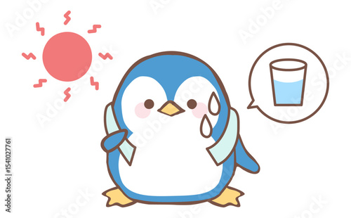 暑さで汗をかくかわいいペンギンのイラスト
