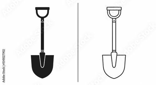 This high-quality vector image features two minimalist shovel icons: a solid black silhouette and a black outline, both with a T-bar handle and spade-shaped blade, all with fine details.