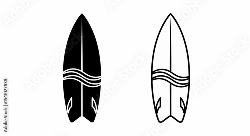 This high-quality vector graphic features two minimalist surfboard icons: a solid black silhouette with fins and a black outline with wavy and vertical lines, all with fine details.