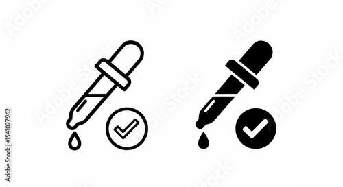 This high-quality vector image features two minimalist icons: a black outlined dropper with a circular checkmark, and a solid black silhouette, both with fine details.