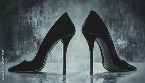 Pair of black high heel women shoes on a marble table.