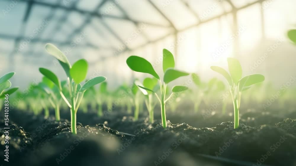 Young green seedlings growing fertile soil inside bright greenhouse ...