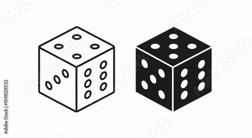 This high-quality vector image features two minimalist isometric dice icons: a thick black outline with black dots and a solid black silhouette with white dots, all with fine details.