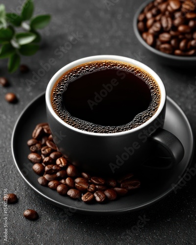 Dark coffee in black mug on dark stone