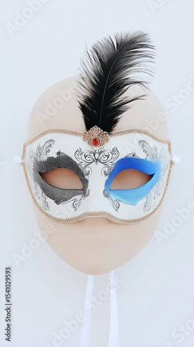 Black White and Blue Glitter Masquerade Mask with Feathers