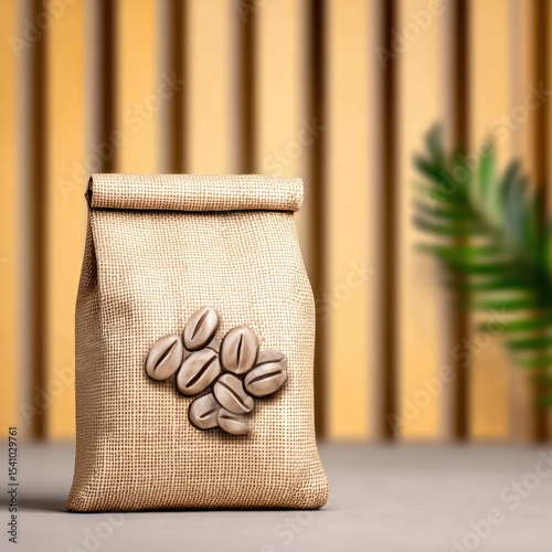 Brown Burlap Coffee Bag with Beans on Wooden Background