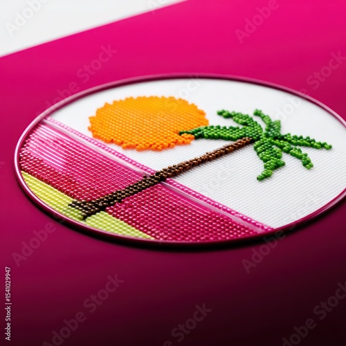 Circular Beaded Artwork: Palm Tree and Sun on Pink Background