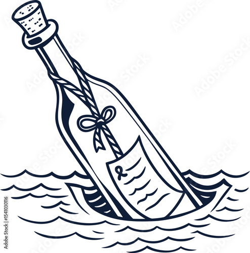 Classic message in a bottle floating on ocean waves with sealed cork and tied ribbon nautical communication symbol vintage hand-drawn vector illustration isolated on white background