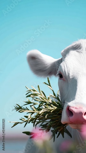 Close Up of White Cow Eating Green Grass Against a Blue Sky