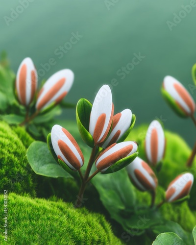 Close Up of White And Orange Flower Buds Emerging From Green Moss