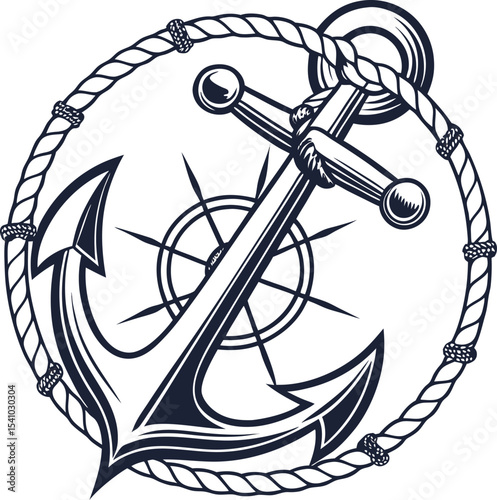 Classic nautical anchor emblem with rope circle and compass rose vintage maritime symbol isolated on white background