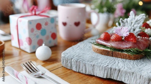 Closeup of Gourmet Toast with Strawberries and Pink Decorations on Rustic Table