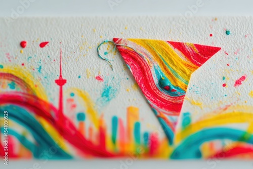 Colorful Abstract Triangle Earrings on Whimsical Cityscape Background