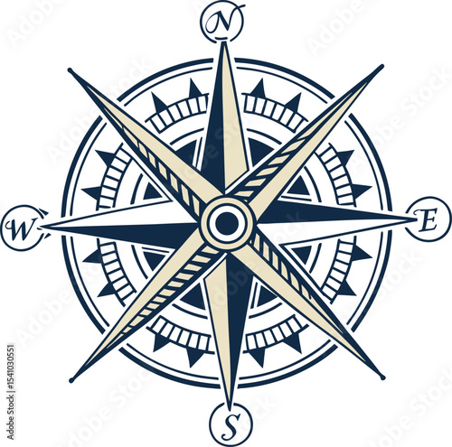 Vintage compass rose insignia with detailed directional arrows and nautical design elements in navy and beige perfect for maritime, navigation, travel, and map-themed artwork and logos