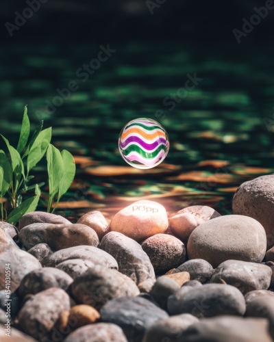Colorful Marble Floating Above Rocks Near Water