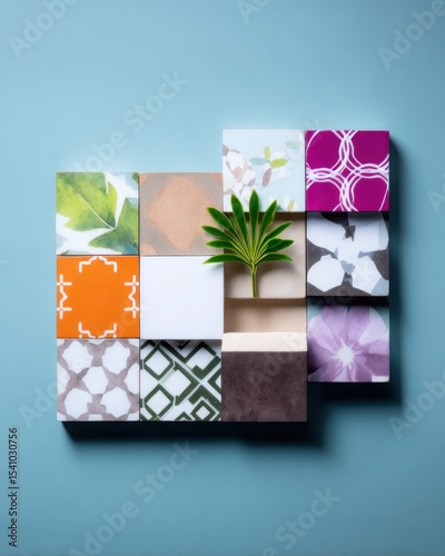 Colorful Tile Mosaic with Green Plant on Teal Background