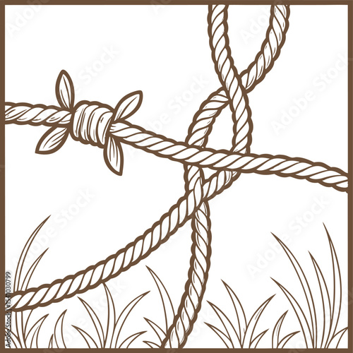 Hand-drawn knotted rope divider with rustic intertwined ropes and natural leaf accents framed by simple border perfect for vintage, nautical, rustic, and nature-themed design elements and decorations