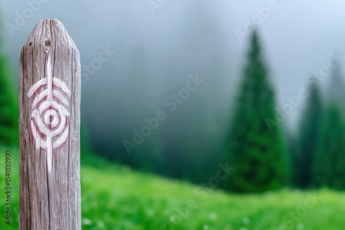 Cryptic Symbol Carved on Wooden Trail Marker in Foggy Mountain Forest