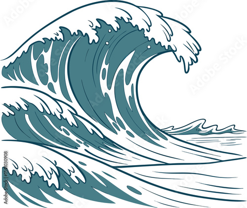 Hand-drawn stylized ocean waves with curling crests and splashing foam in blue and white detailed illustration perfect for marine, surfing, and nautical designs and artwork