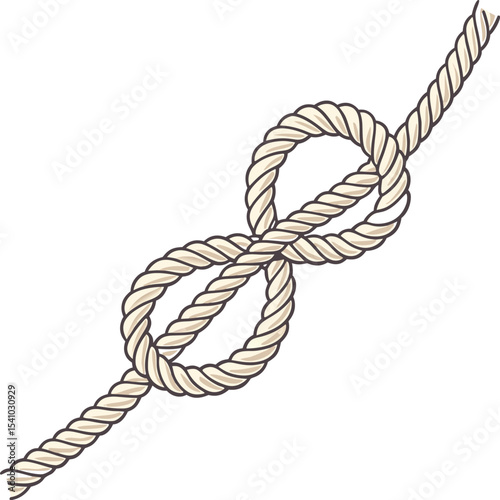 Illustration of a beige nautical rope tied in a figure-eight knot on a white background perfect for maritime, sailing, boating, and nautical themed designs and educational materials