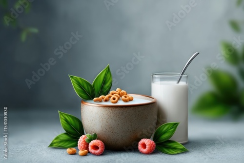 Creamy Yogurt with Cereal and Raspberries in a Bowl
