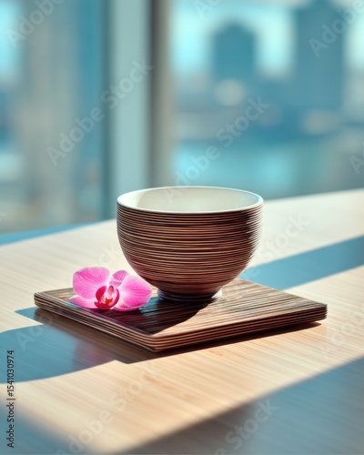 Dark Brown Teacup with Pink Orchid on Wooden Tray in Sunlight