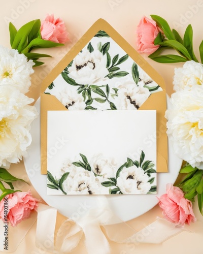 Elegant Wedding Invitation with White Peonies and Gold Accents