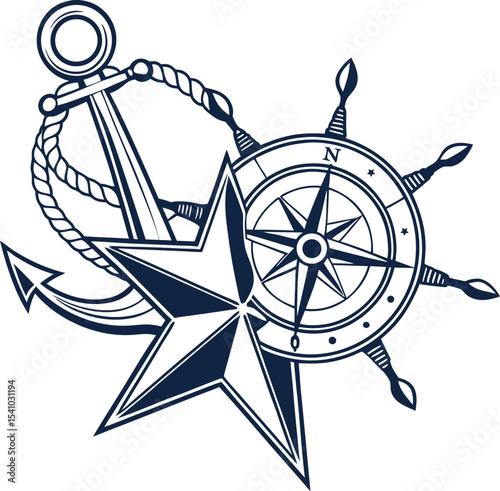 Classic nautical star symbol with a ship anchor, compass rose, and ship wheel in vintage navy blue design perfect for maritime themes, sailing, navigation, and ocean adventure graphics