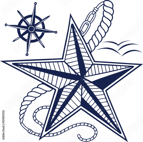 Nautical star symbol with compass rose, rope, and birds, traditional maritime design vector illustration perfect for navigation, seafaring, sailing, and marine themes isolated on white background
