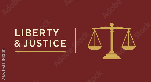 LIBERTY & JUSTICE text with Scales of Justice icon. Legal concept of fairness, equality, and rights on a red background.
