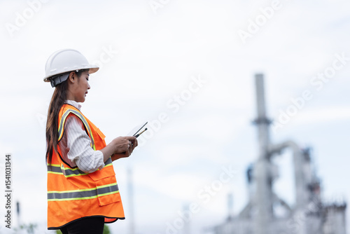 A female engineer in a safety vest and helmet communicates via walkie-talkie while holding a tablet. She observes operations at an industrial oil refinery site in the background.