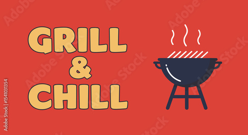 GRILL & CHILL. Fun cartoon barbecue with sausages cooking on a red background. Summer outdoor party and relaxation concept.