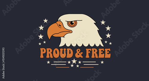 PROUD & FREE. Retro cartoon illustration of a bald eagle head with stars, patriotic American symbol design.