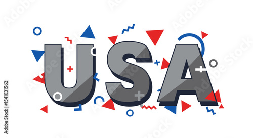 USA text with patriotic red white and blue abstract geometric shapes. Modern graphic design for American celebration or national event. United States of America typography.