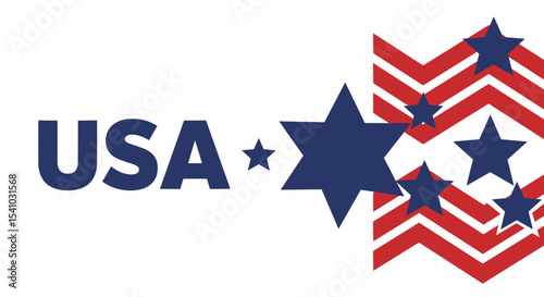 USA bold blue lettering with patriotic stars and red chevron stripes. American national symbol design for holidays and events.