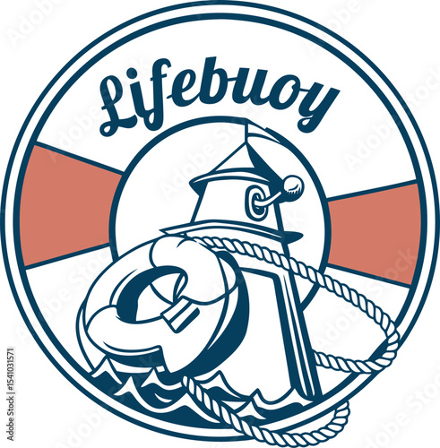 Retro lifebuoy badge with lighthouse anchor and rope design classic nautical emblem with life preserver and vintage maritime style, ocean rescue symbol, colorful round badge vector illustration