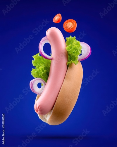 Floating Hot Dog with Lettuce, Tomato and Onion on Blue Background