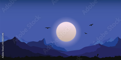 A flat, minimalist landscape illustration of a large full moon or sun with faint rings, illuminating a silhouetted mountain range and foreground, all under a deep blue night sky with three birds flyin