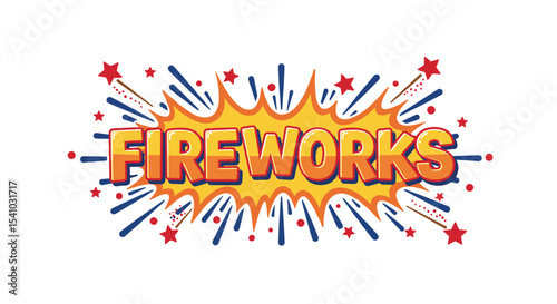 FIREWORKS. Comic book style text effect with explosion background. Festive vector illustration for celebration and holiday designs.