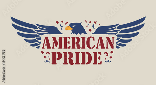 AMERICAN PRIDE. Vintage patriotic emblem with bald eagle, stars, and confetti. Retro USA national symbol design for holidays and celebrations.