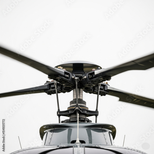 helicopter rotor head blades mechanism detail white sky.