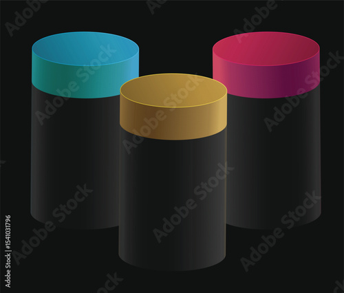 A collection of three dark grey cylindrical objects with colorful tops in blue, gold, and pink, arranged diagonally on a black background