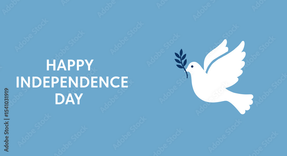 Obraz premium HAPPY INDEPENDENCE DAY. White dove of peace holding an olive branch on a light blue background. National holiday celebration greeting.