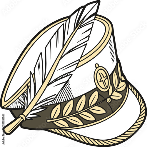 Vintage sea captain hat with feather, decorative gold leaves and emblem, detailed nautical officer headwear with rope band isolated on white background vector illustration