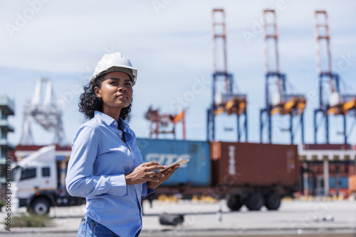 A female manager in a hard hat holds a tablet while supervising logistics operations at a shipping port. Behind her are cargo containers, cranes, and trucks indicating active freight movement.