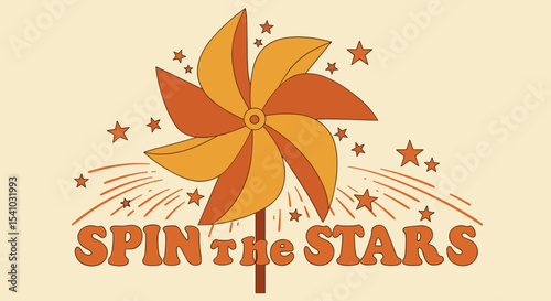 SPIN the STARS. Retro pinwheel illustration with stars. Vintage 70s style graphic design for nostalgic and playful themes.