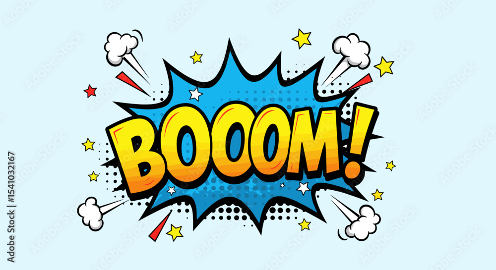 BOOOM! Comic book explosion sound effect. Pop art style graphic with yellow text, blue burst, halftone dots, stars, and smoke clouds. Retro illustration.